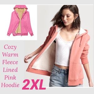Cozy Pink Warm Soft Sherpa Lined Zip Up Hooded Sweatshirt Womens Plus Size 2XL